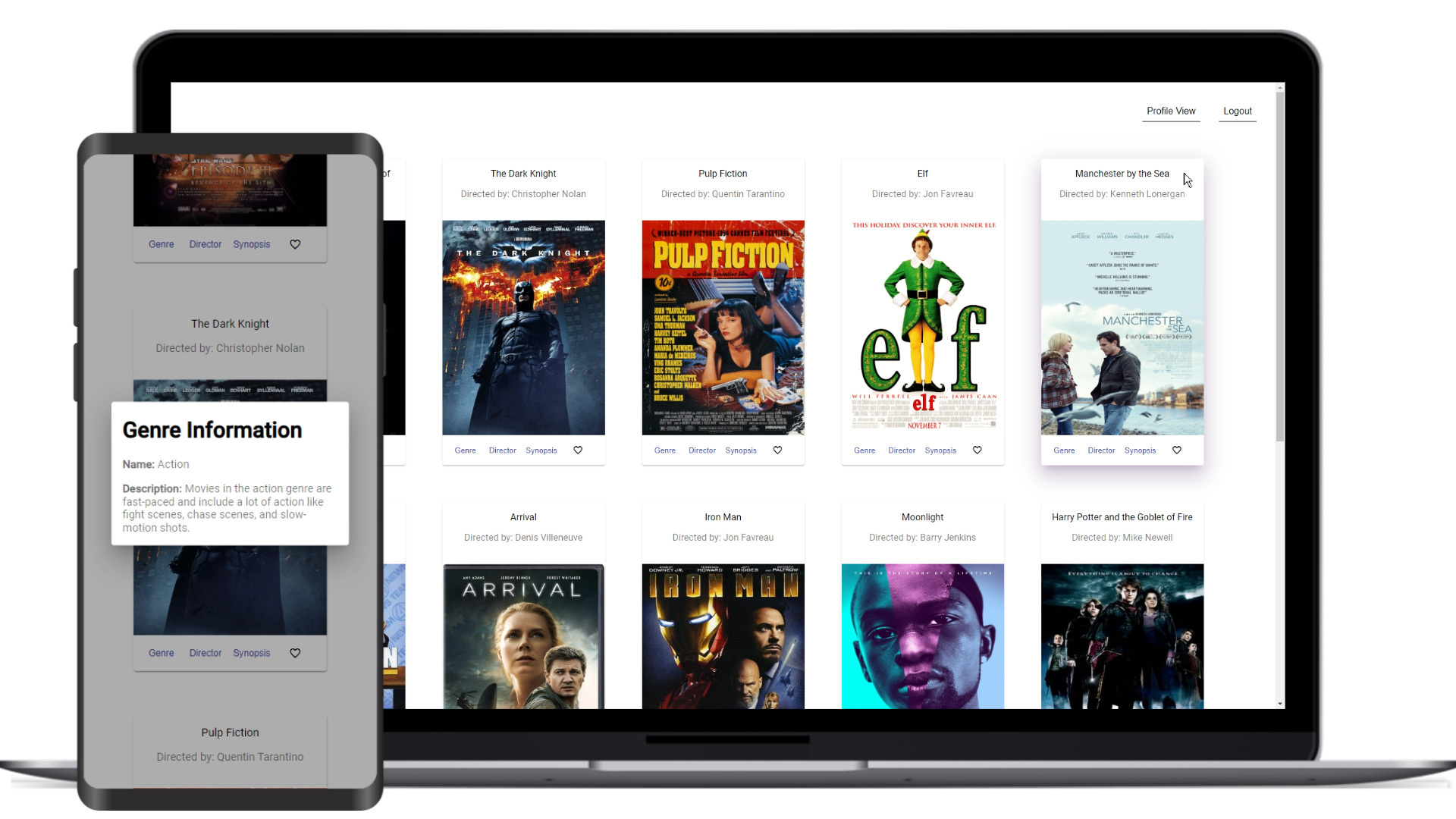Computer and Phone Screen showcasing the Meyer's Movies App built using Angular