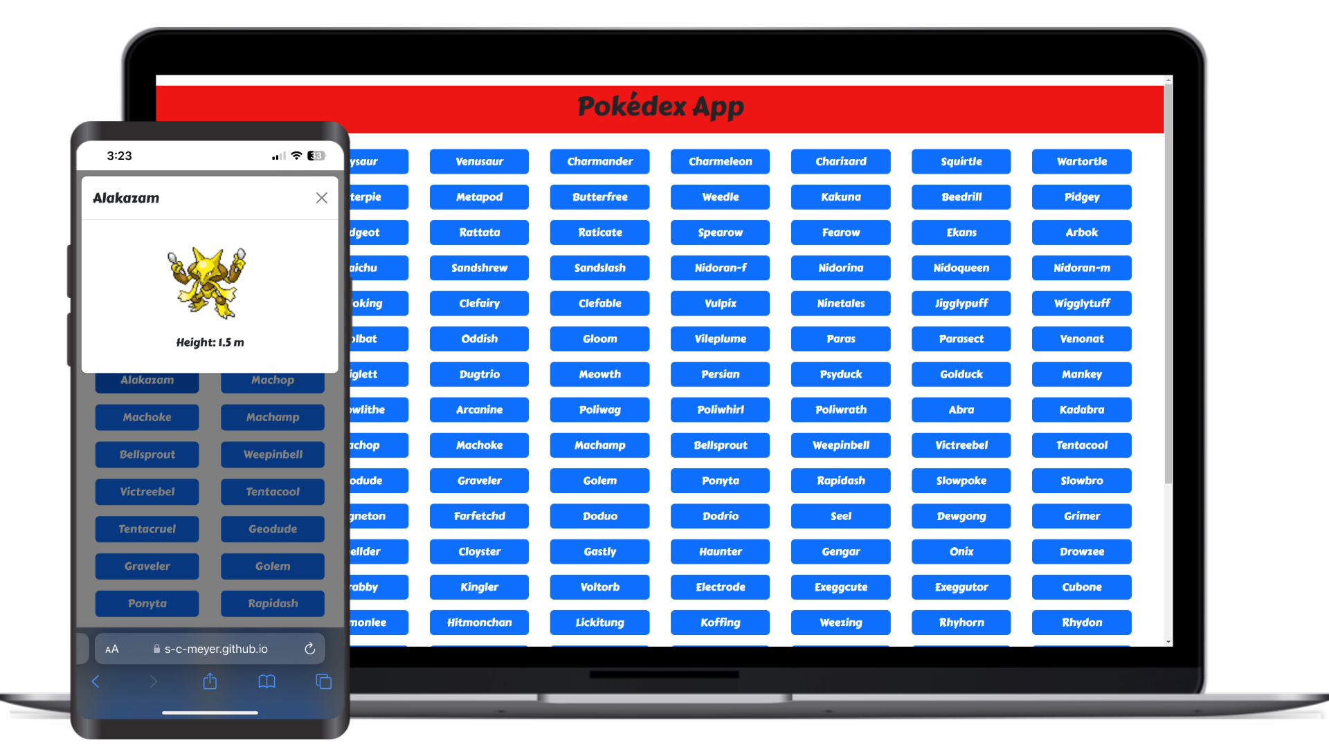 Computer and Phone Screen showcasing the Pokedex App