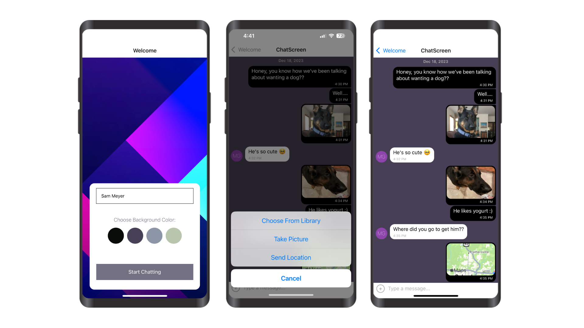 Three phones displaying the Chat App