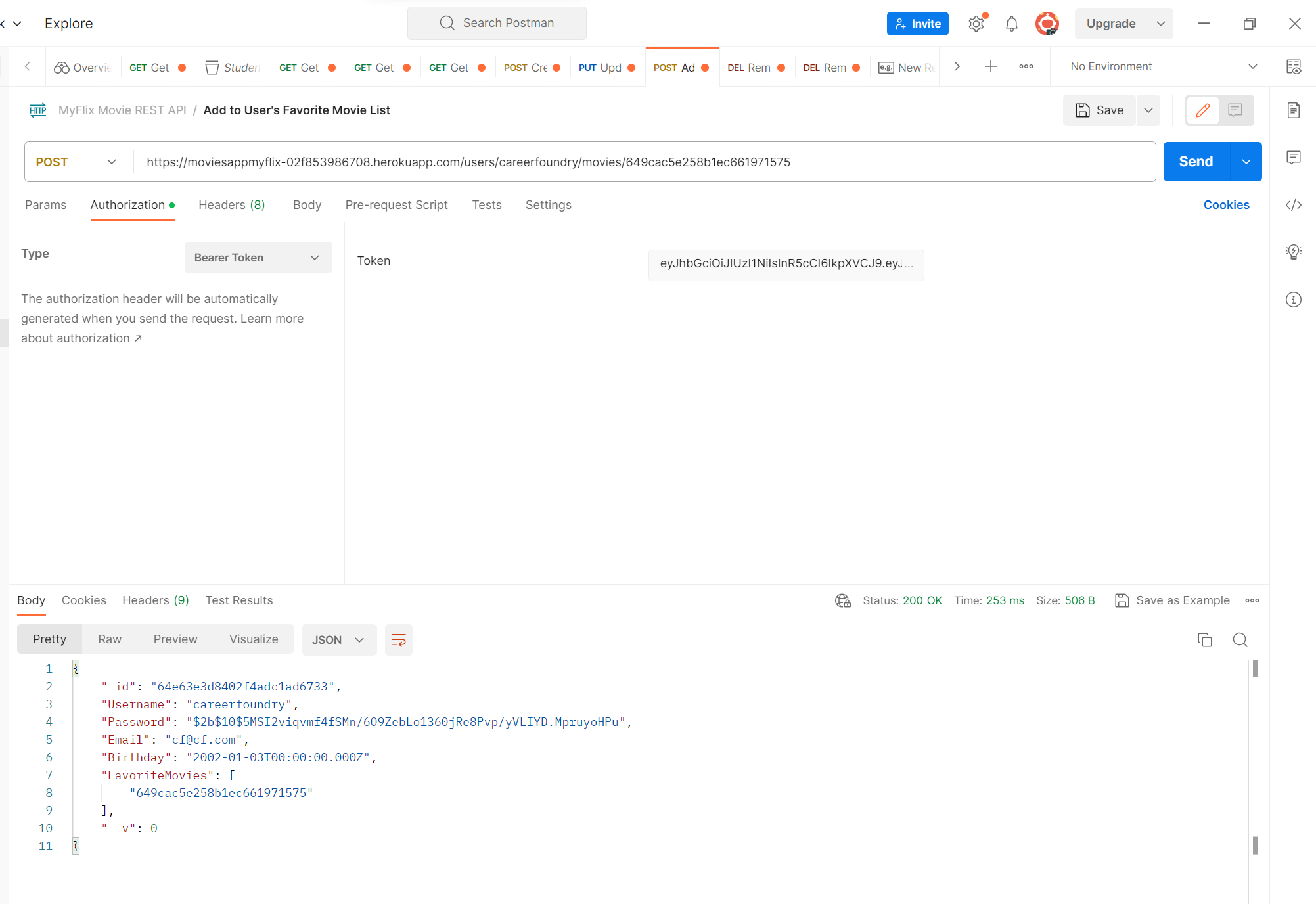API Call on Postman to post a user's favorite movie